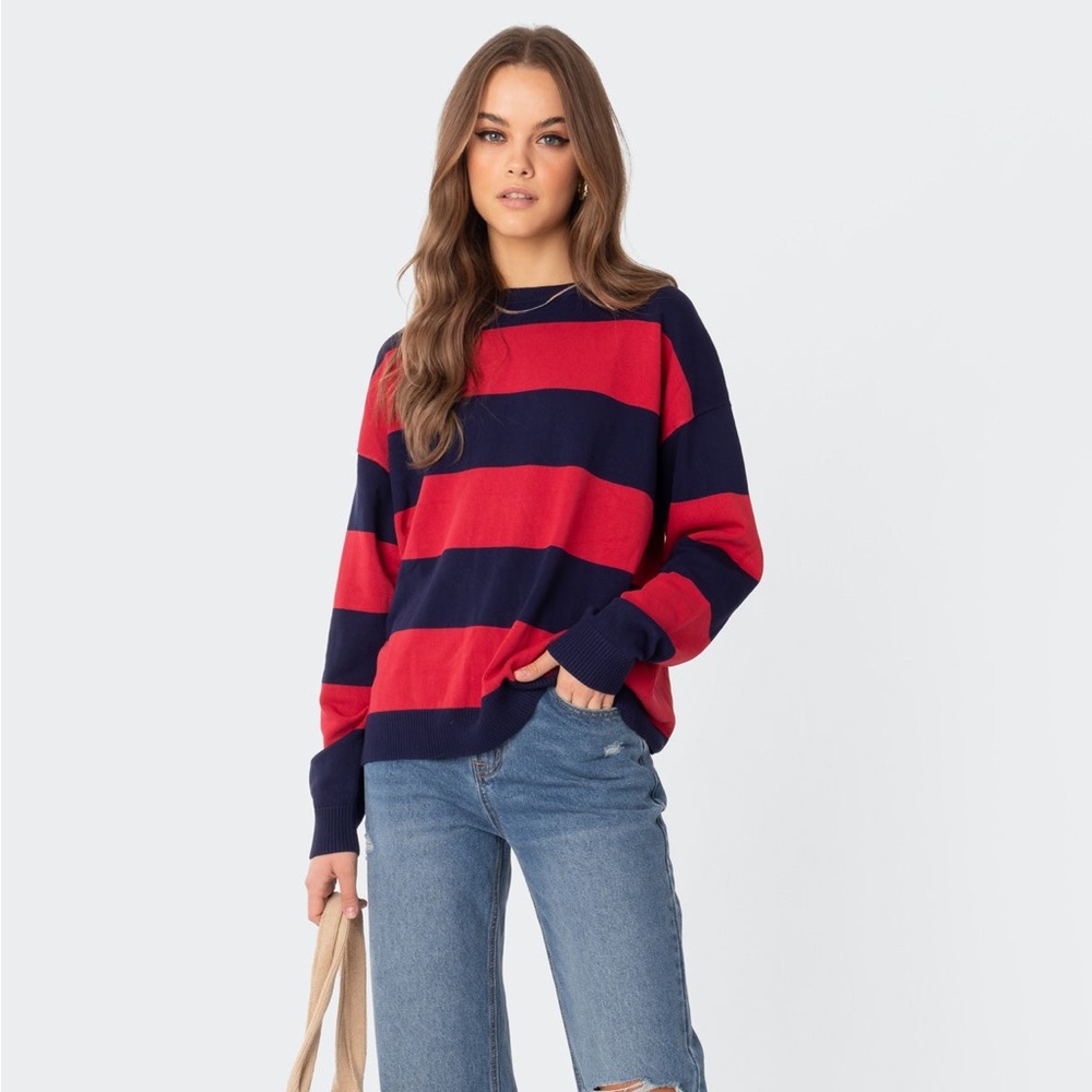 Brandy Melville Red and Navy Striped Rugby Knit Sweater M/L
